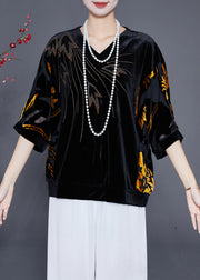Women Black Hollow Out Zircon Silk Velour Shirt Top Half Sleeve