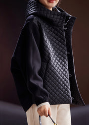 Women Black Hooded Button Cotton Filled Coats Long Sleeve