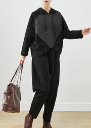 Women Black Hooded Patchwork Corduroy Two Pieces Set Fall