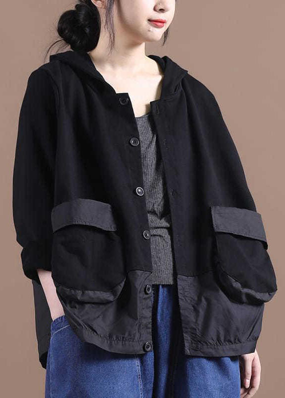 Women Black Hooded Patchwork Cotton Spring Coat
