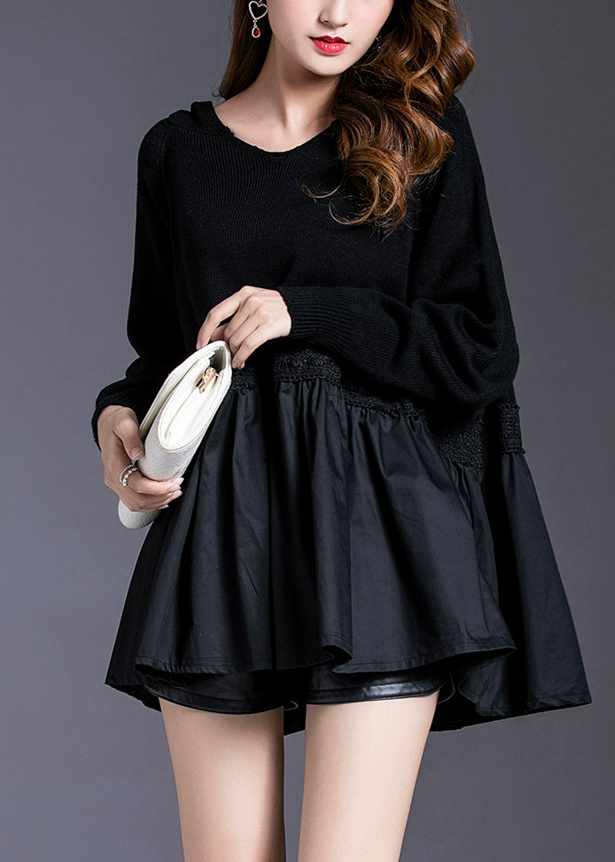 Women Black Hooded Patchwork Knit Pullover Spring
