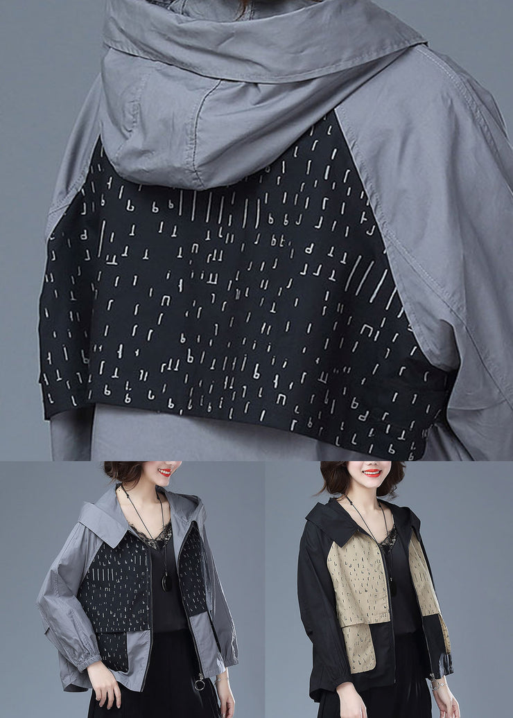 Women Black Hooded Print Pockets Patchwork Cotton Tops Coats Fall