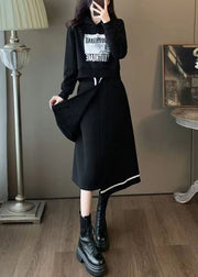Women Black Hooded Sweatshirt And Skirts Cotton Two Piece Set Spring