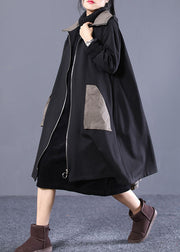 Women Black Hooded Zip Up Pockets Patchwork Cotton Trench Coats Outwear Fall