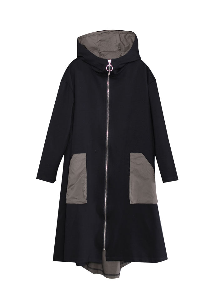 Frauen schwarz mit Kapuze Reißverschluss Taschen Patchwork Baumwolle Trenchcoats Outwear Herbst