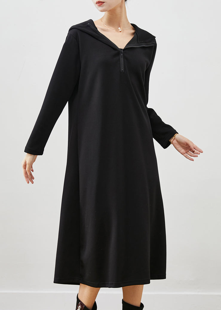 Women Black Hooded Zippered Cotton Sweatshirts Dress Spring