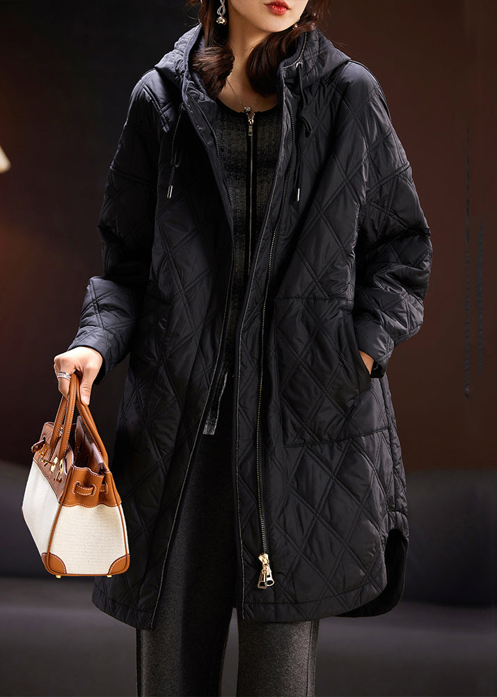 Women Black Hooded Zippered Pockets Cotton Filled Coats Spring