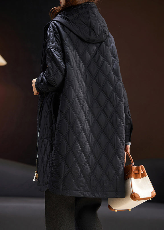 Women Black Hooded Zippered Pockets Cotton Filled Coats Spring