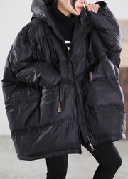 Frauen schwarze Enten-Daunenjacke mit Kapuze und Kordelzug Winter