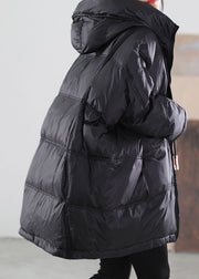 Frauen schwarze Enten-Daunenjacke mit Kapuze und Kordelzug Winter