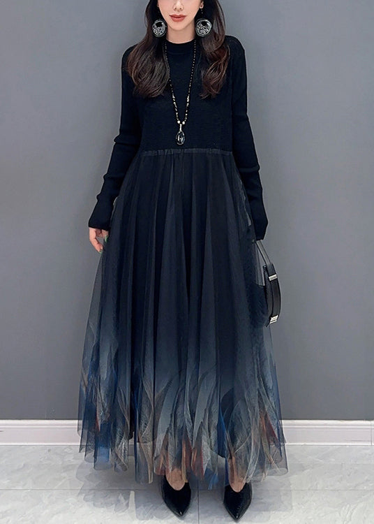 Women Black Knit Patchwork Tulle Dress Long Sleeve