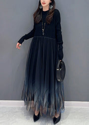 Women Black Knit Patchwork Tulle Dress Long Sleeve