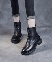 Women Black Lace Up Warm Fleece Cowhide Leather Ankle Boots