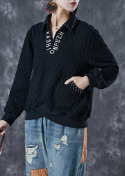 Women Black Letter Embroidered Rivet Cotton Pullover Sweatshirt Fall