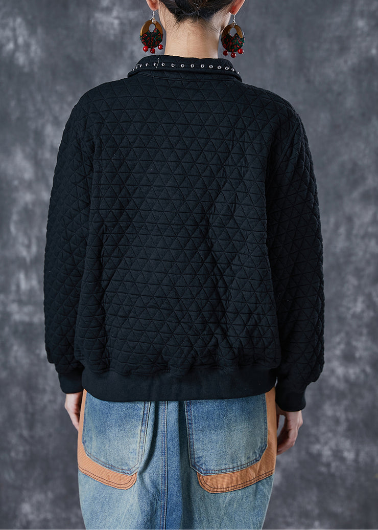 Women Black Letter Embroidered Rivet Cotton Pullover Sweatshirt Fall