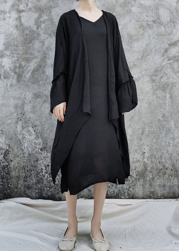 Women Black Linen Loose Cardigan And Spaghetti Strap Dress Two Pieces Set flare sleeve