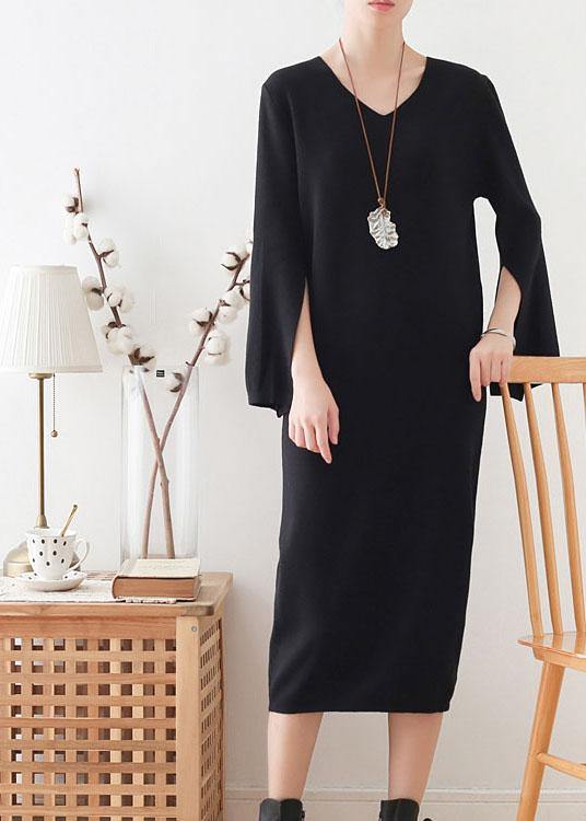 Women Black Long Sleeve Fall Slim fit Knit Dress - SooLinen
