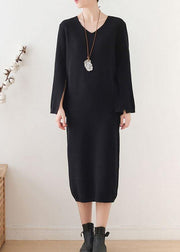 Women Black Long Sleeve Fall Slim fit Knit Dress - SooLinen
