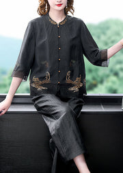 Damen Schwarz Stehkragen Orientalisch Knopf Tüll Patchwork Seide Zweiteiler Damen Kleidung Sommer