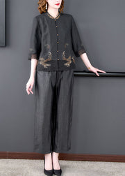 Women Black Mandarin Collar Oriental Button Tulle Patchwork Silk Two Piece Set Women Clothing Summer