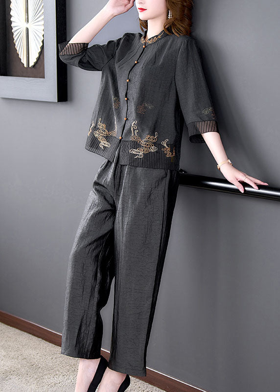 Damen Schwarz Stehkragen Orientalisch Knopf Tüll Patchwork Seide Zweiteiler Damen Kleidung Sommer
