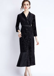Women Black Notched Lace Up Jacquard Patchwork Silk Long Dresses Fall