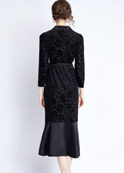 Women Black Notched Lace Up Jacquard Patchwork Silk Long Dresses Fall