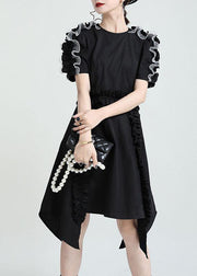 Women Black O-Neck Asymmetrical Design Patchwork Summer Cotton Sundress - SooLinen