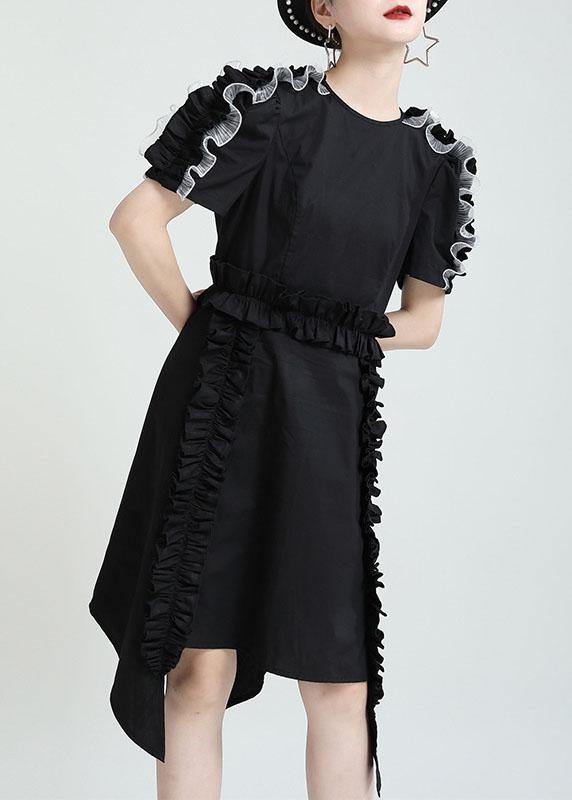 Women Black O-Neck Asymmetrical Design Patchwork Summer Cotton Sundress - SooLinen