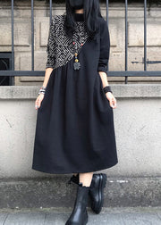 Women Black O-Neck Asymmetrical Patchwork Cotton Maxi Dress Long Sleeve