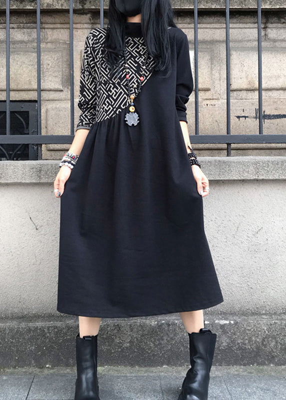 Women Black O-Neck Asymmetrical Patchwork Cotton Maxi Dress Long Sleeve