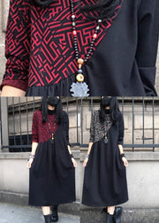 Damen Schwarzes asymmetrisches Patchwork-Baumwoll-Maxikleid mit langem Ärmel und O-Ausschnitt