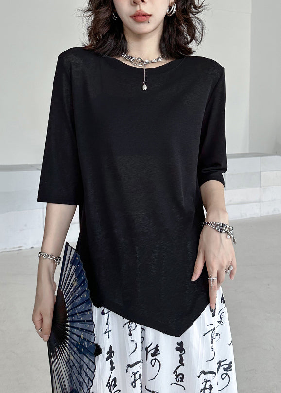 Women Black O-Neck Asymmetrical Patchwork Cotton T Shirt Half Sleeve