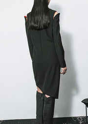 Women Black O-Neck Asymmetrical Patchwork Long Dresses Long Sleeve