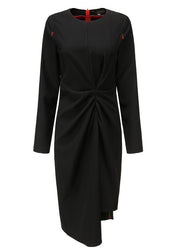Women Black O-Neck Asymmetrical Patchwork Long Dresses Long Sleeve