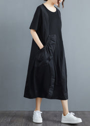 Frauen Schwarz O-Ausschnitt Große Tasche Patchwork Langes Kleid Kurzarm