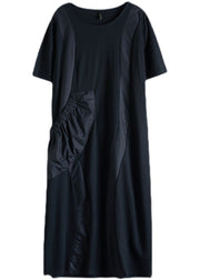 Women Black O-Neck Big Pocket Patchwork Long Dress Short Sleeve