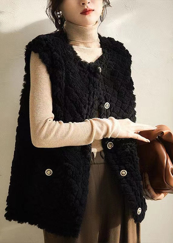 Women Black O Neck Button Patchwork Wool Vest Sleeveless