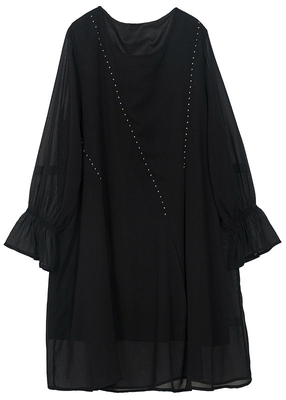 Women Black O-Neck Chiffon A Line Dress Lantern Sleeve