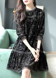 Women Black O-Neck Crochet Velour Pleated Dresses Long Sleeve