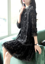 Women Black O-Neck Crochet Velour Pleated Dresses Long Sleeve