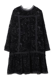 Frauen schwarz O-Ausschnitt Häkeln Velour Plissee Kleider Langarm