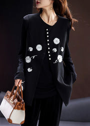 Women Black O-Neck Embroidered Button Cotton Waistcoat Sleeveless