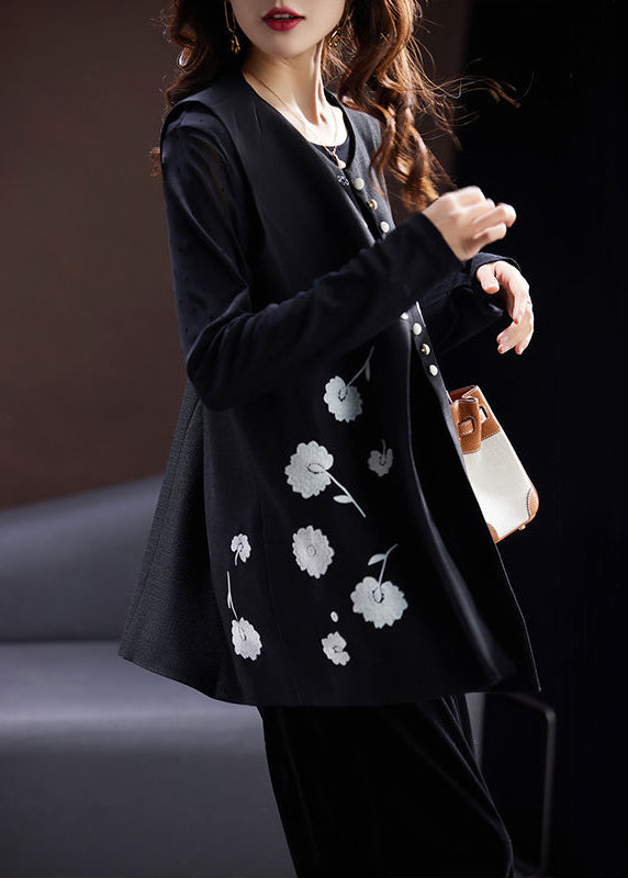 Women Black O-Neck Embroidered Button Cotton Waistcoat Sleeveless