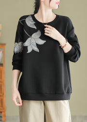 Women Black O Neck Embroidered Cotton Pullover Sweatshirt Fall