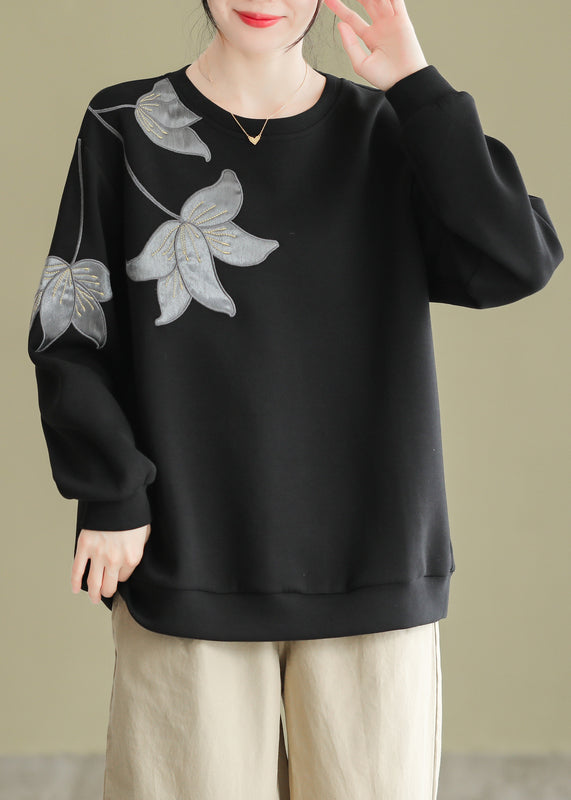 Women Black O Neck Embroidered Cotton Pullover Sweatshirt Fall