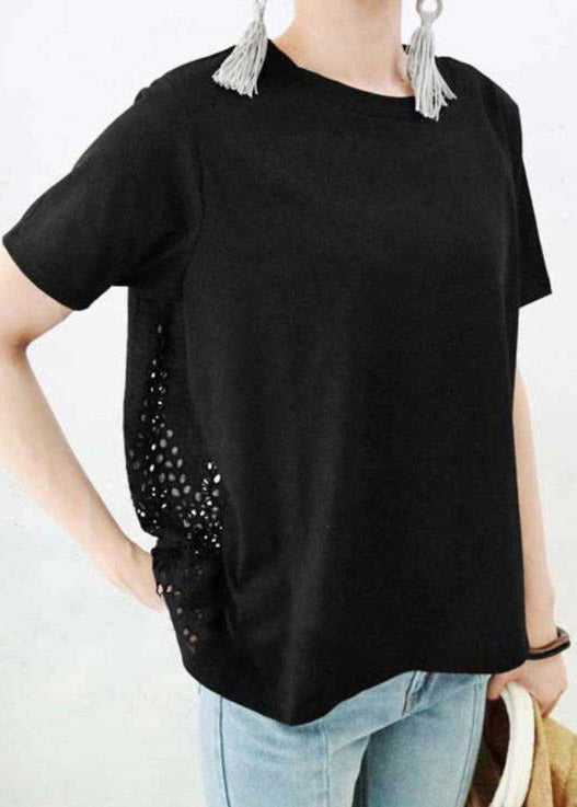 Women Black O-Neck Hollow Out Cotton T Shirt Short Sleeve