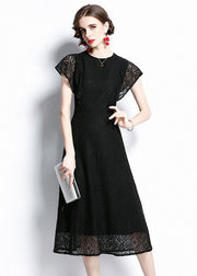 Women Black O Neck Hollow Out Patchwork Lace Dresses Batwing Sleeve