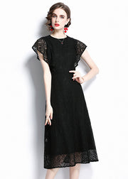 Women Black O Neck Hollow Out Patchwork Lace Dresses Batwing Sleeve