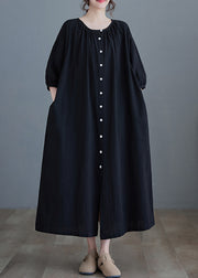 Women Black O-Neck Long Dress Half Sleeve
